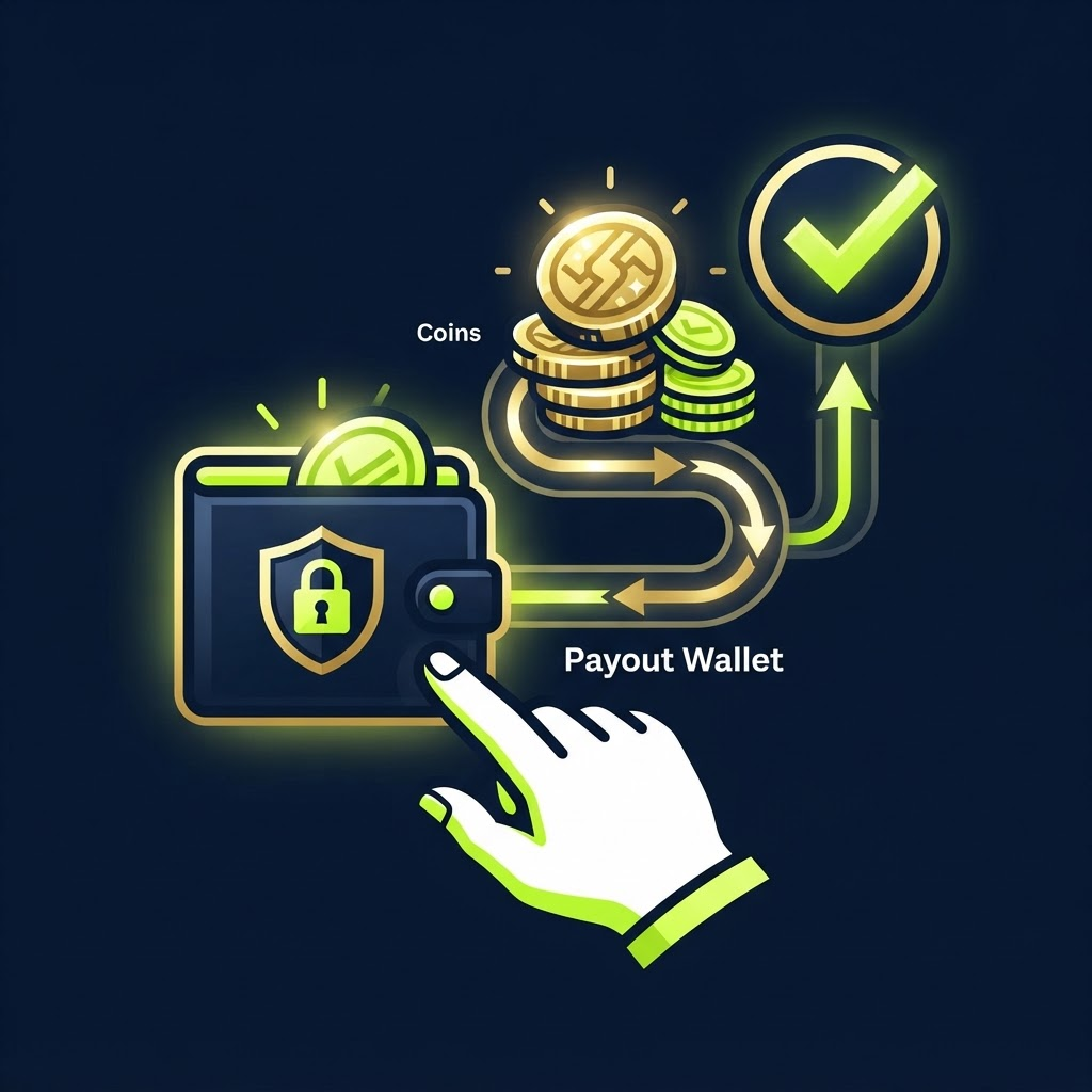 Sweeps Coins redemption illustration with secure wallet, coins, and verification checkmark